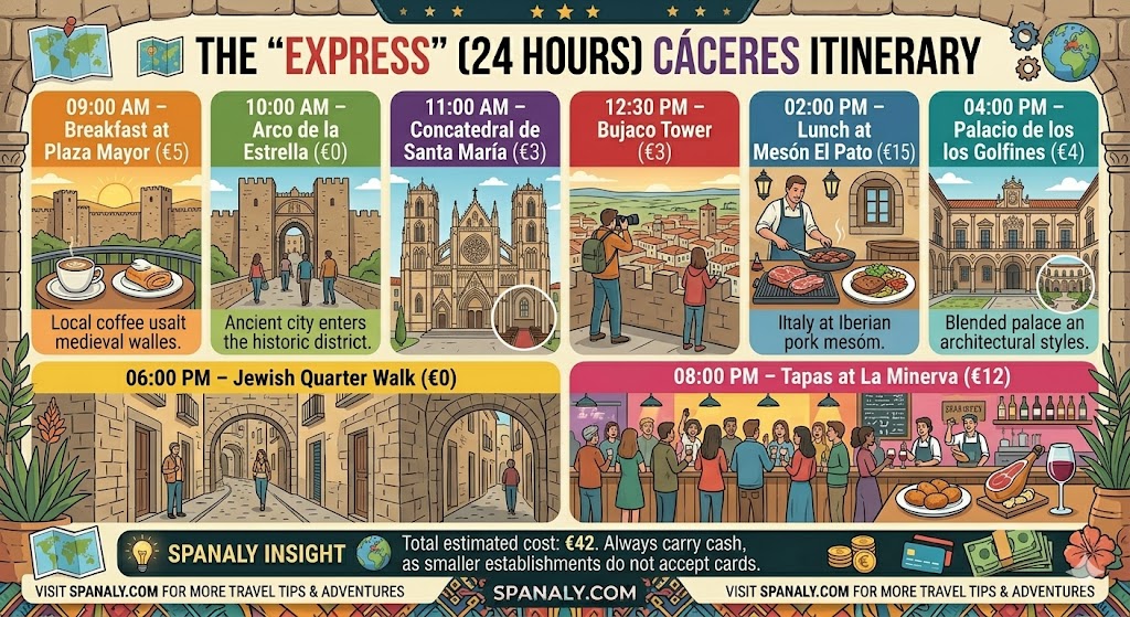 Colorful 24-hour express itinerary infographic for Cáceres, Spain, showing a timed schedule from breakfast at Plaza Mayor to tapas at La Minerva by Spanaly.com.