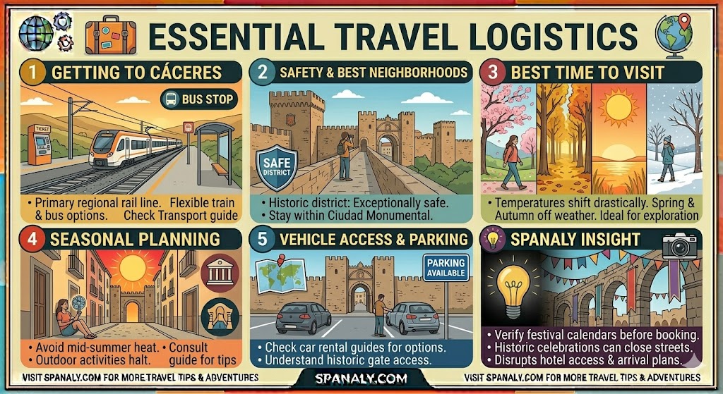 Informative travel infographic explaining essential logistics for visiting Cáceres, Spain, covering transportation, best neighborhoods, seasonal planning, and safety tips by Spanaly.com.