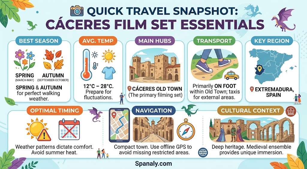 A colorful infographic snapshot of travel essentials for visiting Cáceres, Spain, featuring best seasons, temperatures, transport tips, and navigation advice for House of the Dragon filming locations.