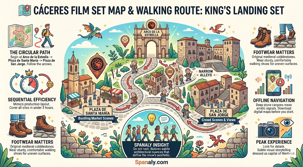 A colorful infographic map detailing a self-guided walking route of House of the Dragon filming locations in Cáceres, Spain, featuring strategic stops and navigation tips for fans.