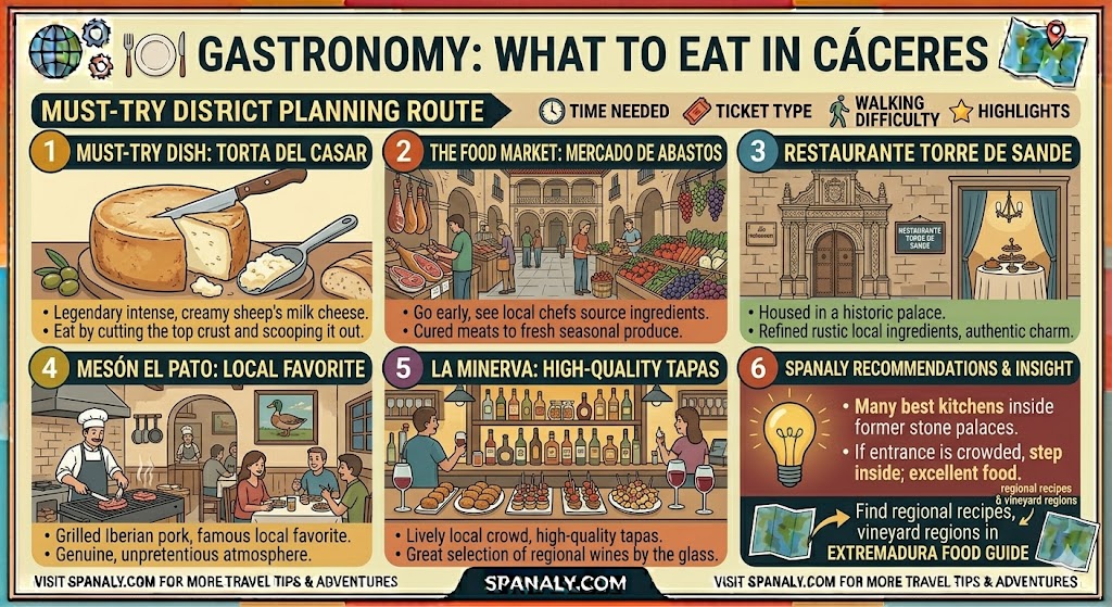 Colorful food infographic showcasing gastronomy and what to eat in Cáceres, Spain, featuring Torta del Casar cheese, Mercado de Abastos, and local restaurant recommendations by Spanaly.com.