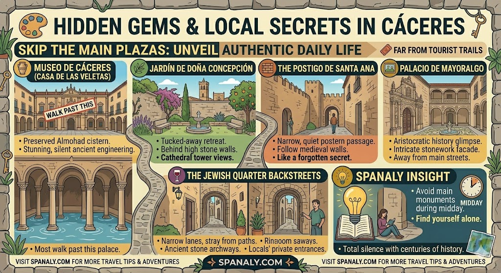 Colorful travel infographic highlighting hidden gems and local secrets in Cáceres, Spain, including Casa de las Veletas cistern, secret gardens, and the old Jewish Quarter by Spanaly.com.
