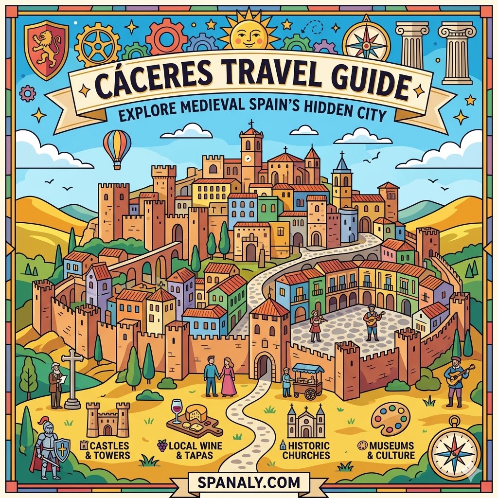 Vibrant medieval infographic map of Cáceres, Spain, featuring ancient city walls, castles, and historic towers as a featured guide image by Spanaly.com.