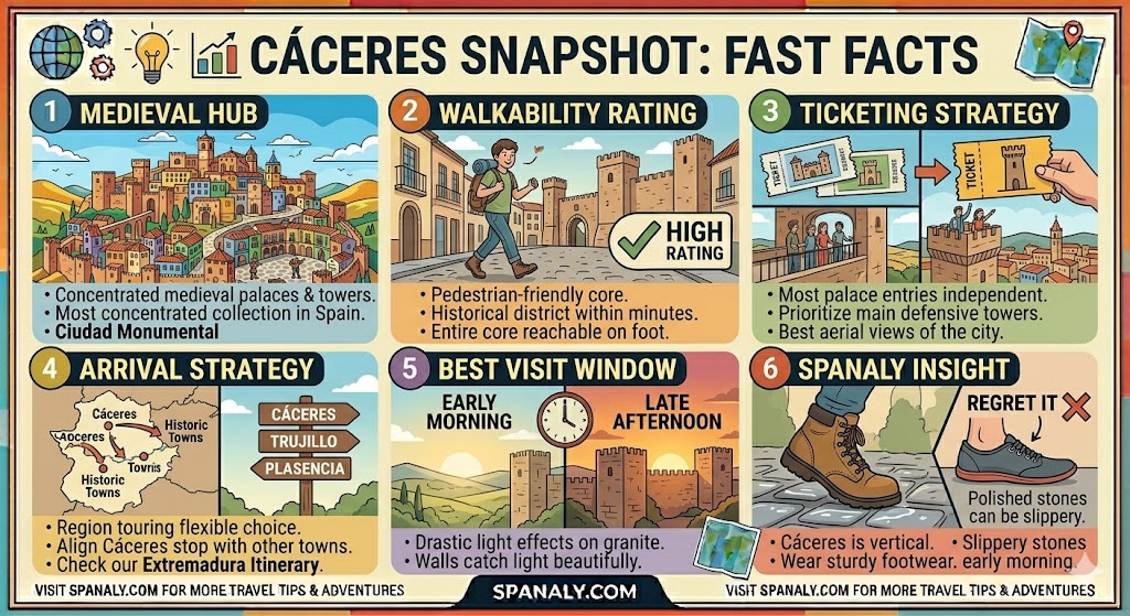 Colorful travel infographic showing fast facts and a quick-reference snapshot guide for visiting Cáceres, Spain, including walkability, arrival strategy, and ticketing tips by Spanaly.com.