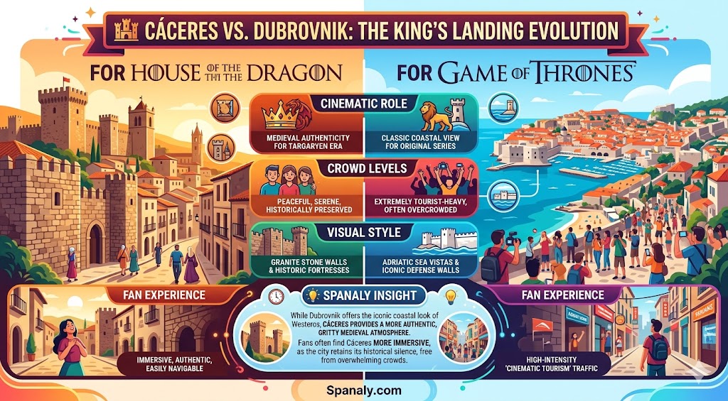 A colorful infographic comparing Cáceres, Spain, and Dubrovnik, Croatia, as King's Landing filming locations, highlighting cinematic authenticity, crowd levels, and fan experience for House of the Dragon and Game of Thrones fans.