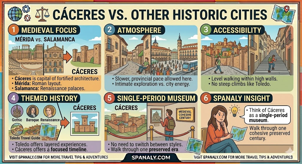 Travel comparison infographic showing Cáceres vs. other historic cities like Mérida, Salamanca, and Toledo, highlighting its medieval focus and unique atmosphere by Spanaly.com.