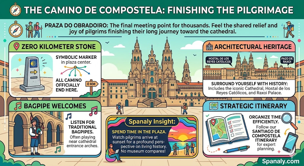 Infographic of the Camino de Compostela finishing point at Praza do Obradoiro featuring the Zero Kilometer stone, architectural heritage, and traditional bagpipe welcomes.