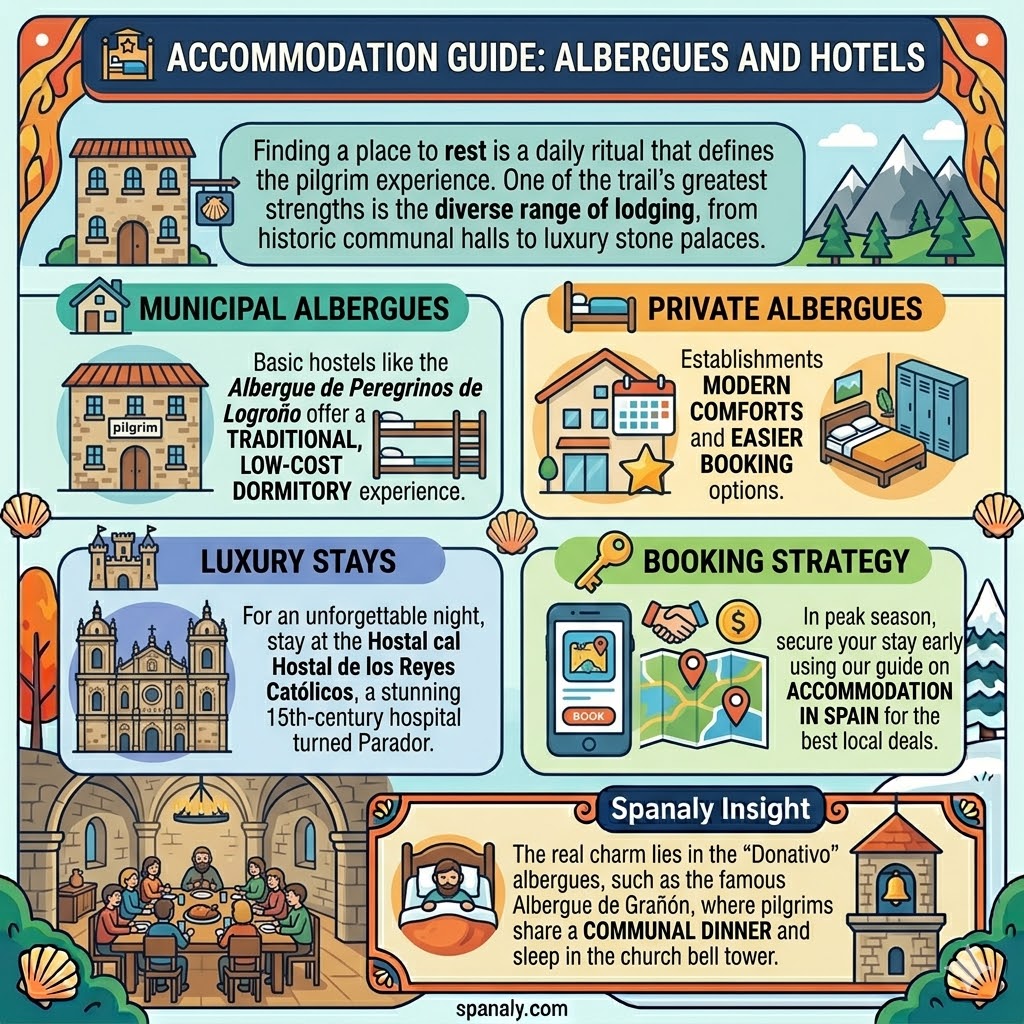 Infographic showing different Camino de Santiago accommodation types in Spain including municipal albergues and luxury paradores.