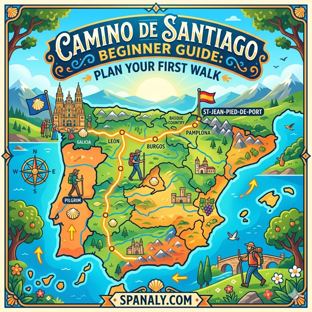 Epic infographic map of Spain showing the Camino de Santiago route for beginners with Spanaly branding.