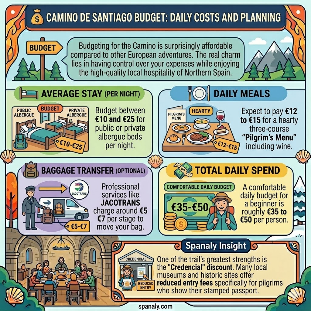 Infographic showing Camino de Santiago daily budget including albergue costs, pilgrim meals, and baggage transfer fees in Spain.