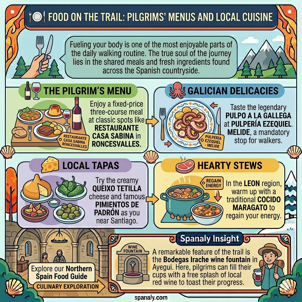 Infographic showing Camino de Santiago food including Pilgrim's Menu, Galician octopus, and local Spanish tapas.