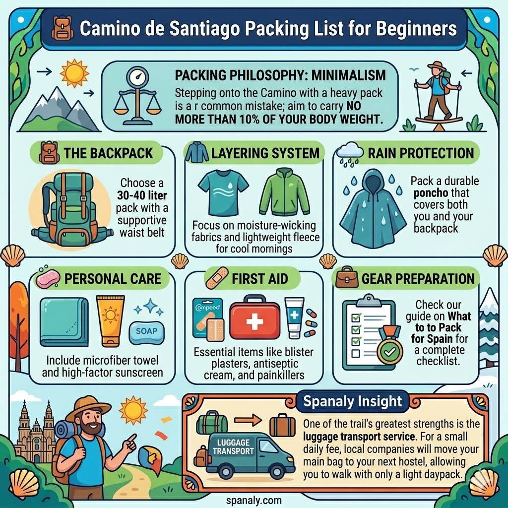 A colorful infographic listing Camino de Santiago packing essentials including backpack, layering clothes, rain poncho, and first aid kit.