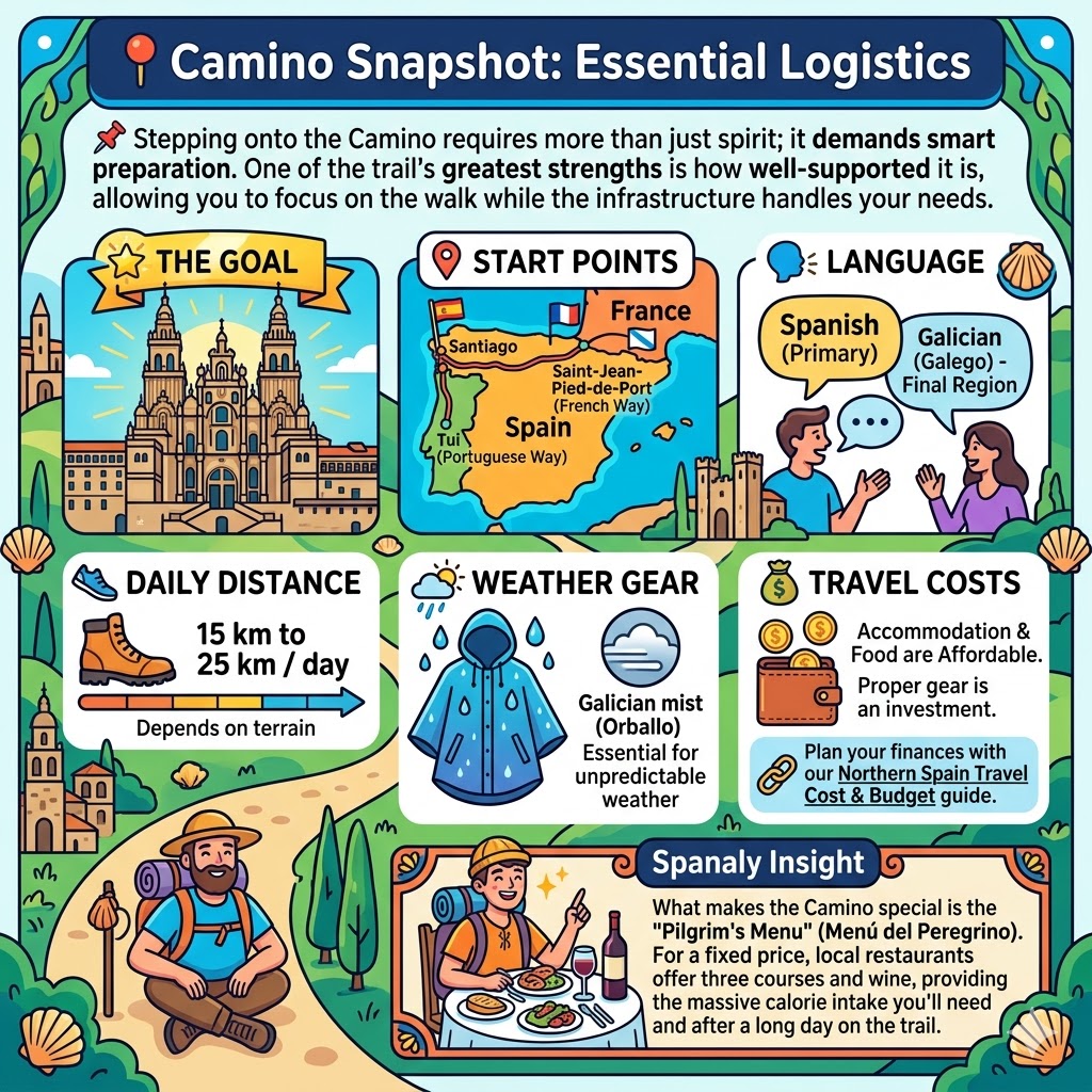 A colorful infographic map summarizing Camino de Santiago logistics, including start points, distances, and travel costs.
