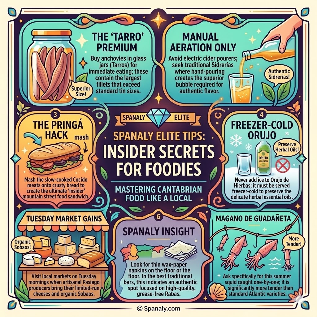 Infographic showing elite foodie tips for Cantabria, including glass-jar anchovies, hand-poured cider, and traditional mountain pringá hacks.