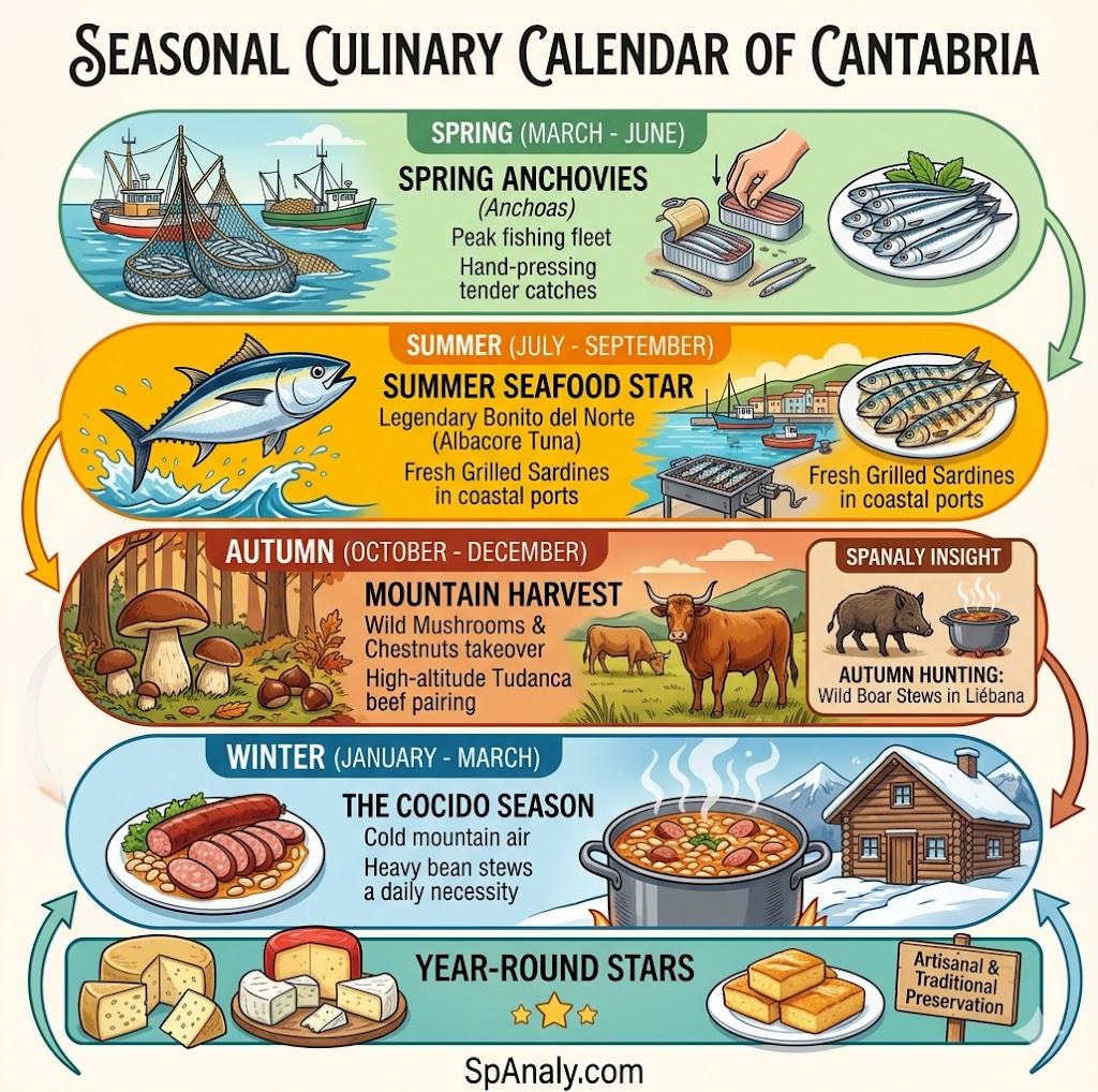 A seasonal culinary calendar for Cantabria showing spring anchovies, summer bonito tuna, autumn wild mushrooms, and winter mountain bean stews.