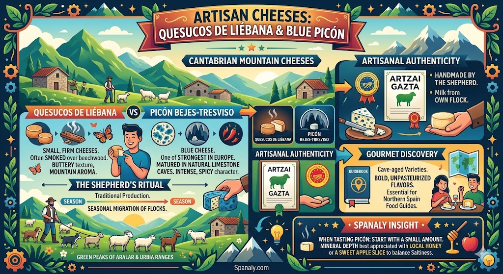infographic of Cantabrian artisan cheeses featuring Picón Bejes-Tresviso blue cheese, Quesucos de Liébana, cave maturation process, and the Artzai Gazta shepherd label.