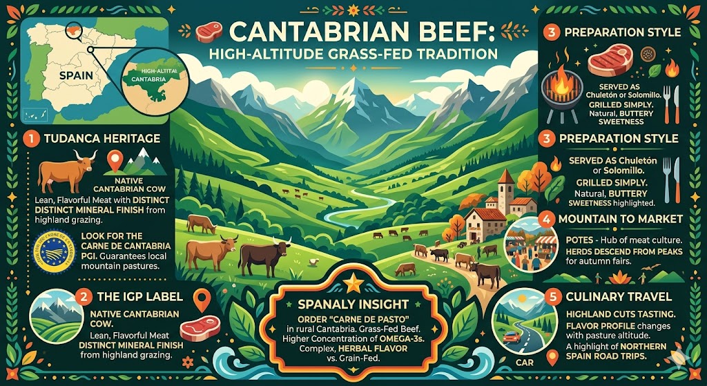 infographic of Cantabrian beef highlighting the native Tudanca breed, Carne de Cantabria IGP label, and grass-fed mountain pasture traditions in Northern Spain.