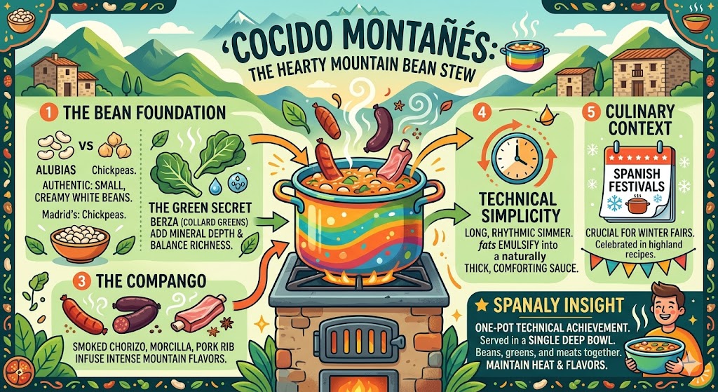 infographic of Cocido Montañés mountain stew from Cantabria, featuring white beans, berza greens, chorizo, and pork ribs in a traditional one-pot recipe.