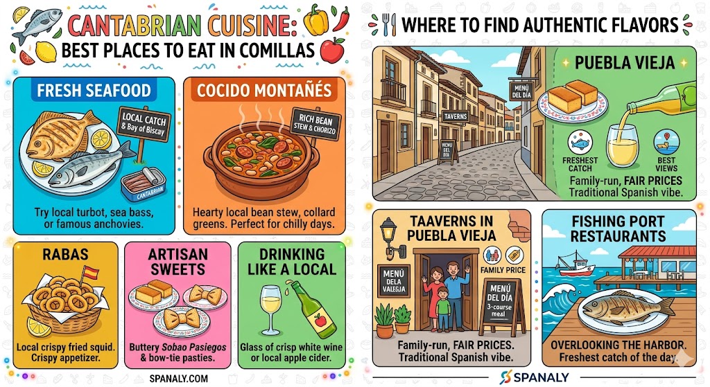 Infographic guide to Cantabrian cuisine in Comillas featuring seafood, Cocido Montañés, Rabas, and traditional sweets.