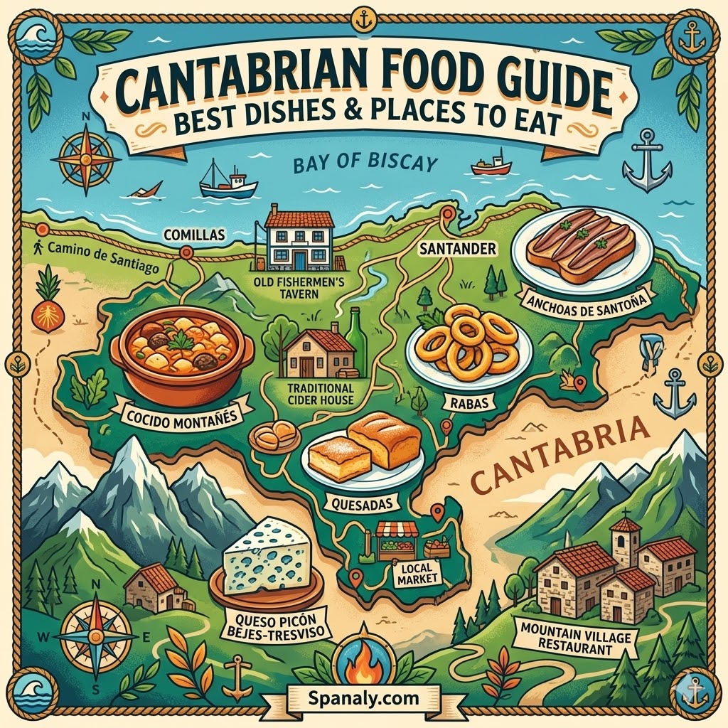 An epic illustrated food map of Cantabria featuring Cocido Montañés, Santoña anchovies, Rabas, and traditional mountain village restaurants in Northern Spain.