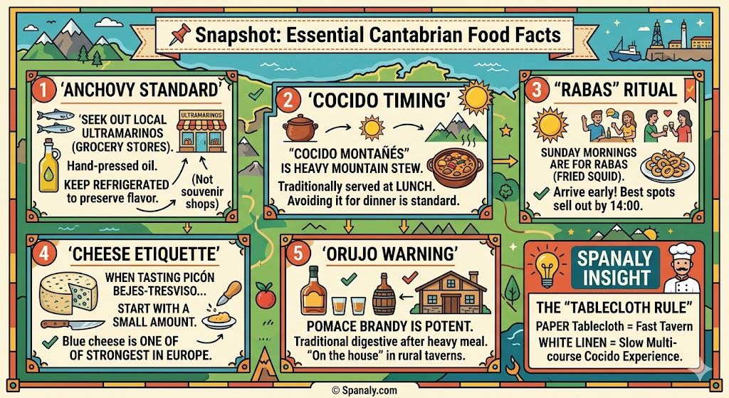 Infographic guide to essential Cantabrian food facts including tips for buying Santoña anchovies, Cocido Montañés timing, Sunday Rabas ritual, and blue cheese etiquette in Spain.