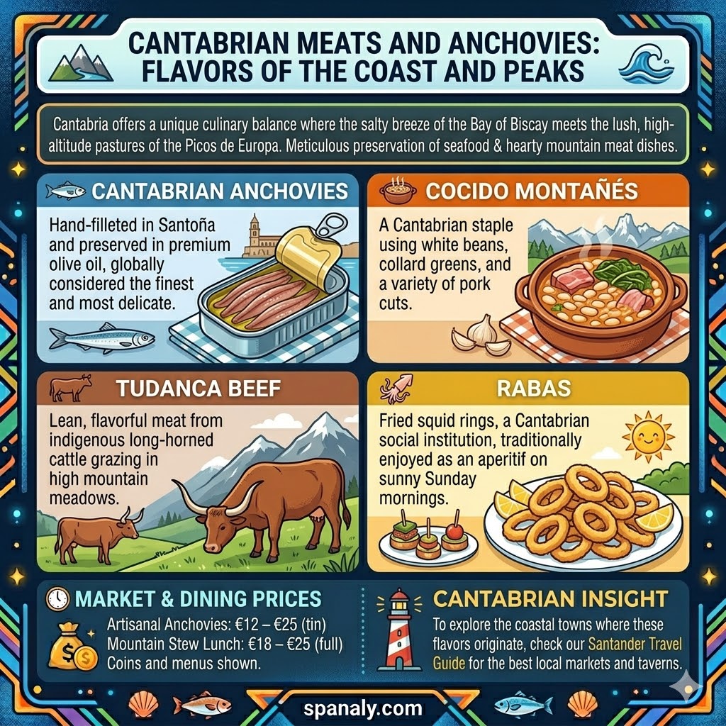Detailed infographic of Cantabrian gastronomy featuring premium Santoña anchovies, Cocido Montañés stew, Tudanca beef, and Rabas with local market price tips.