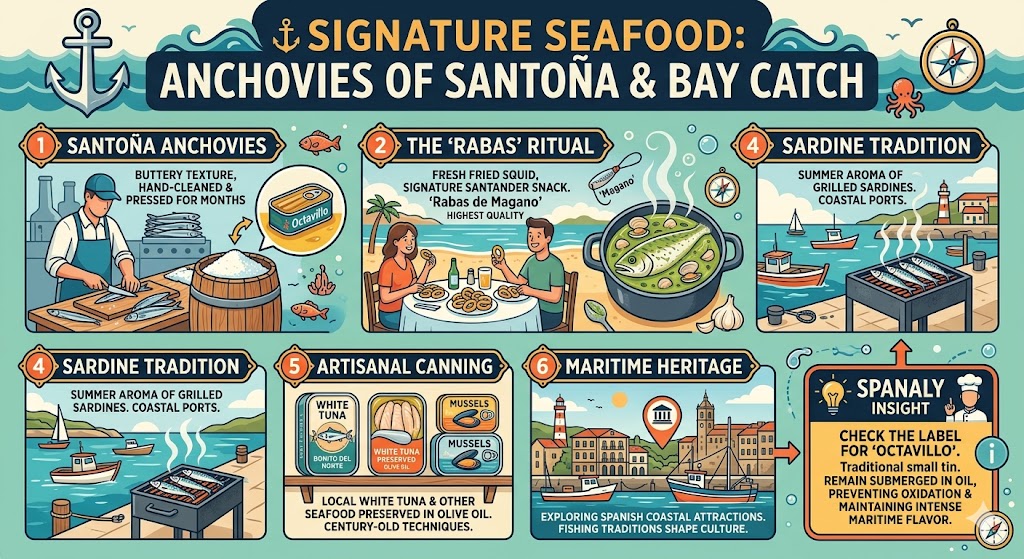 SEO infographic of Cantabrian signature seafood featuring Santoña anchovies, Rabas de Magano, hake in green sauce, and traditional artisanal canning techniques in Northern Spain.