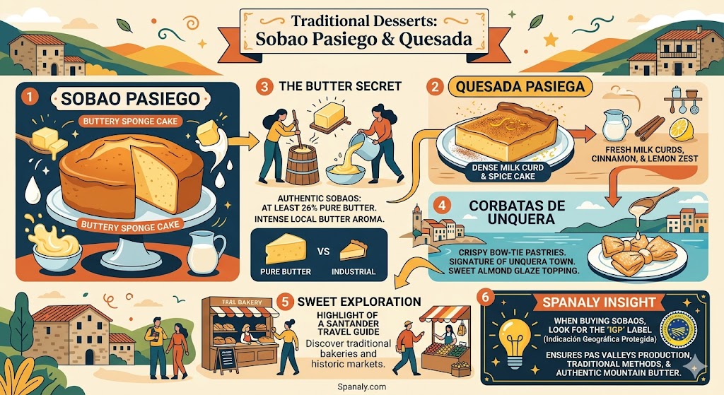 infographic of Traditional Cantabrian desserts showcasing Sobao Pasiego, Quesada Pasiega, Corbatas de Unquera, the 26% butter secret, and the IGP quality label in Northern Spain.