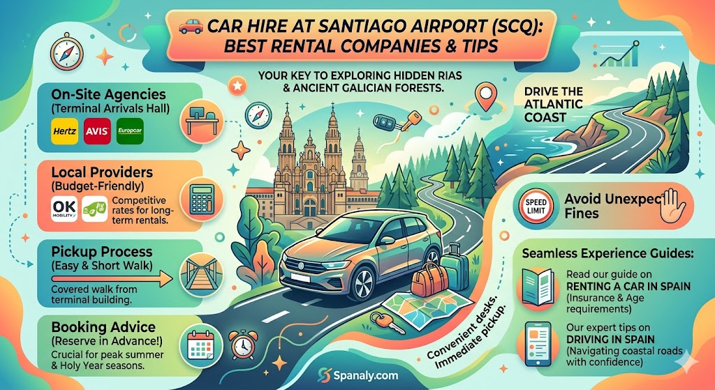 SEO-optimized infographic for car hire at Santiago de Compostela Airport (SCQ), showing major rental brands like Hertz and Avis, local providers like OK Mobility, the pickup process, and driving tips for the Galician coast by Spanaly.com
