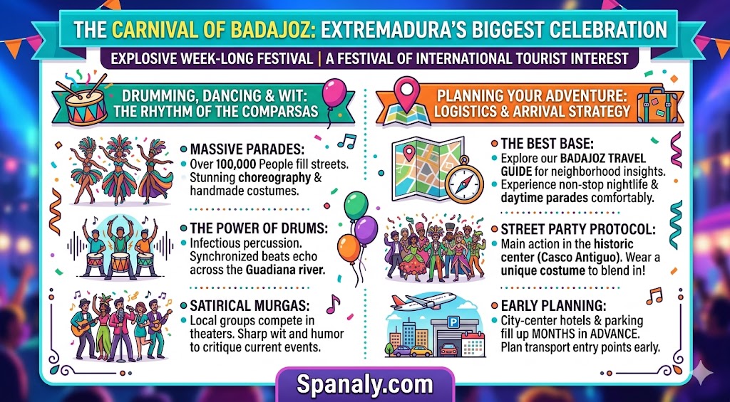Infographic showing the Carnival of Badajoz highlights, including comparsas parades, percussion rhythms, and essential travel planning tips for Extremadura’s biggest festival.