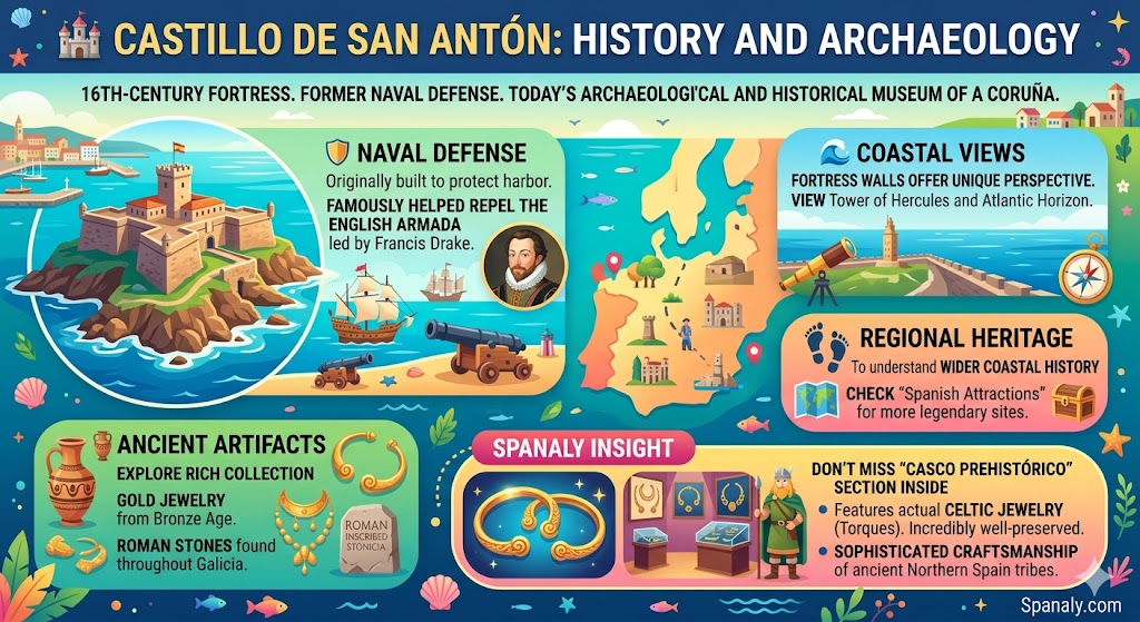 Infographic of Castillo de San Antón in A Coruña, featuring the 16th-century naval fortress, ancient Celtic gold jewelry, and Roman archaeological artifacts.
