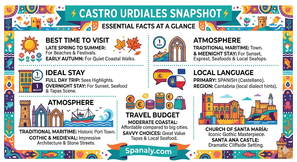 Informative travel infographic of Castro Urdiales showcasing best time to visit, budget tips, and key Gothic landmarks for tourists.