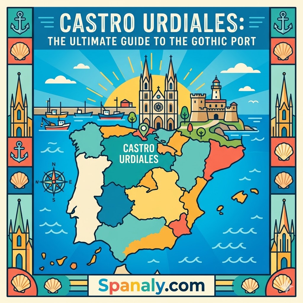 Colorful infographic map of Castro Urdiales in Spain featuring the Gothic cathedral and Santa Ana castle by the sea.