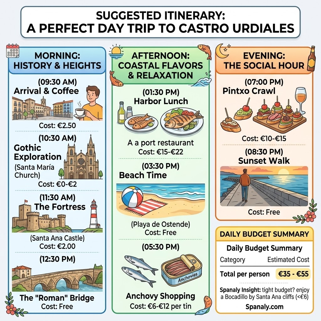 Comprehensive infographic showing an hour-by-hour itinerary for a day trip to Castro Urdiales with budget tips and highlights.