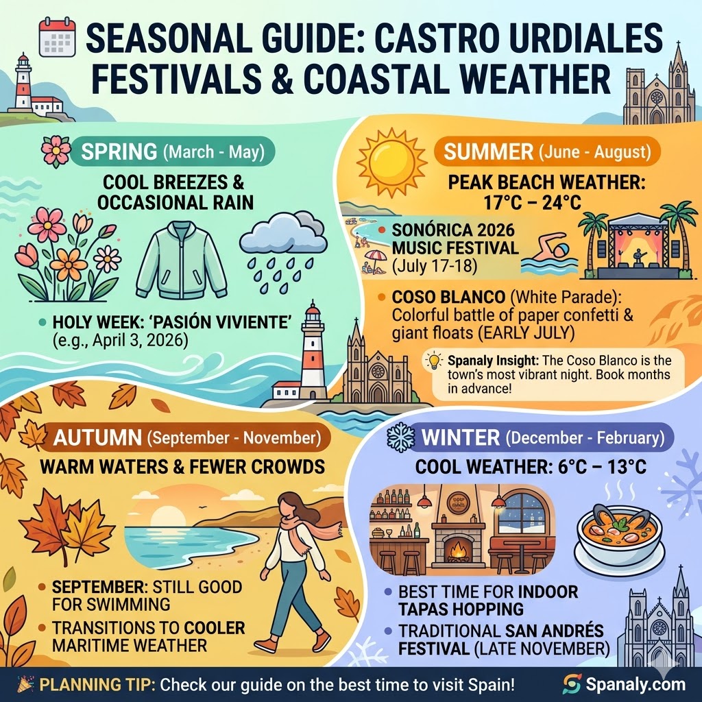 Infographic guide showing seasonal weather temperatures and major festivals like Pasión Viviente and Coso Blanco in Castro Urdiales.