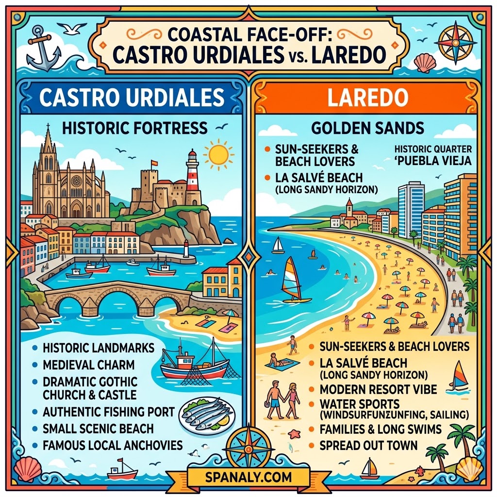 Comparison infographic between Castro Urdiales and Laredo in Spain highlighting medieval landmarks versus long sandy beaches for tourists.