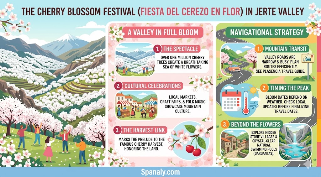 Infographic showcasing the Cherry Blossom Festival (Fiesta del Cerezo en Flor) in Jerte Valley, featuring bloom details, cultural events, and essential travel planning tips.