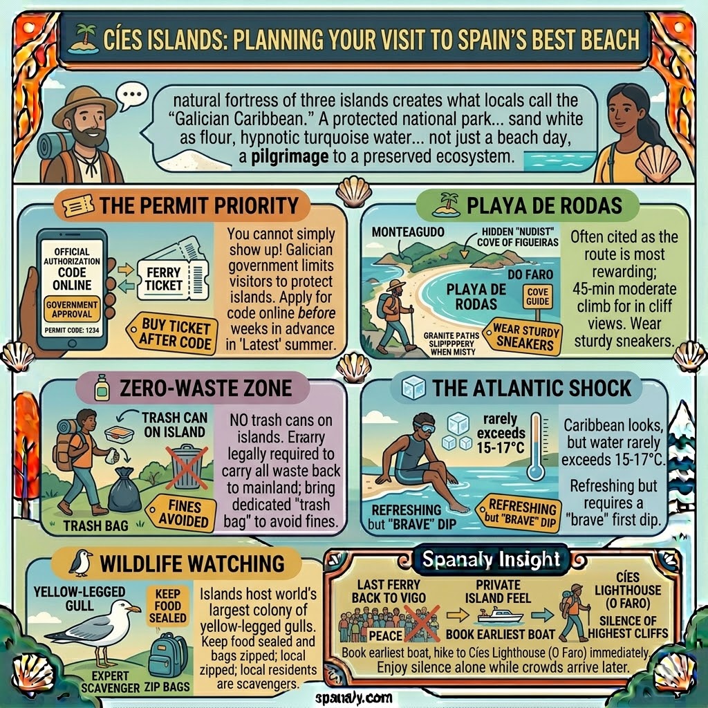 Infographic for planning a visit to Cíes Islands featuring permit requirements, Playa de Rodas, and zero-waste rules.