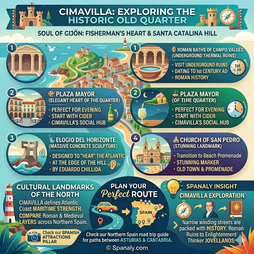 Infographic of Cimavilla historic quarter in Gijon featuring Roman baths, Plaza Mayor, Elogio del Horizonte sculpture, and San Pedro Church.