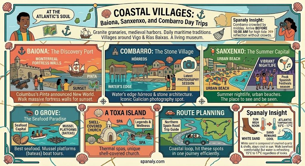 Infographic for coastal day trips from Vigo featuring Baiona's fortress, Combarro's stone granaries, and A Toxa's shell church.