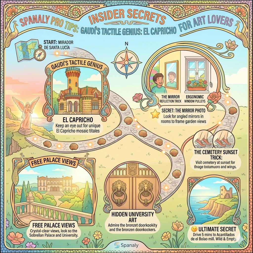 Infographic showing insider art tips for Comillas including El Capricho mirror trick, cemetery sunset glow, and hidden modernist details.