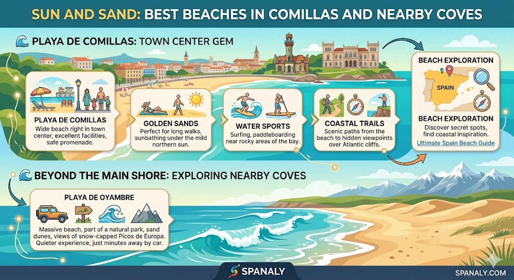 Infographic guide to Comillas beaches featuring Playa de Comillas golden sands, water sports, and nearby Oyambre Natural Park.
