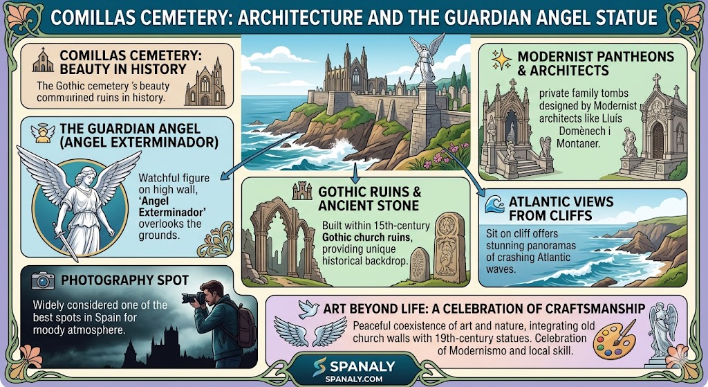 Infographic of Comillas Cemetery in Spain featuring the Angel Exterminador statue, Gothic ruins, and Modernist tombs.