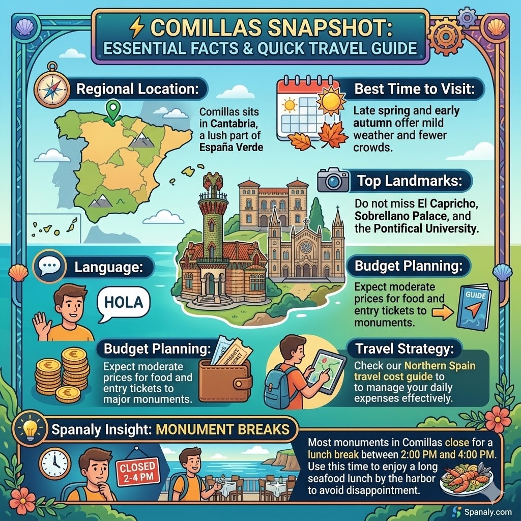 Infographic guide to Comillas, Cantabria, featuring regional location, top landmarks like El Capricho, and travel budget tips.