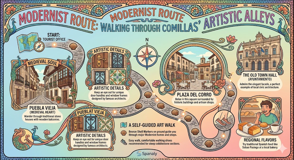Infographic showing a self-guided walking route through Comillas modernist alleys, highlighting Puebla Vieja and Plaza del Corro.