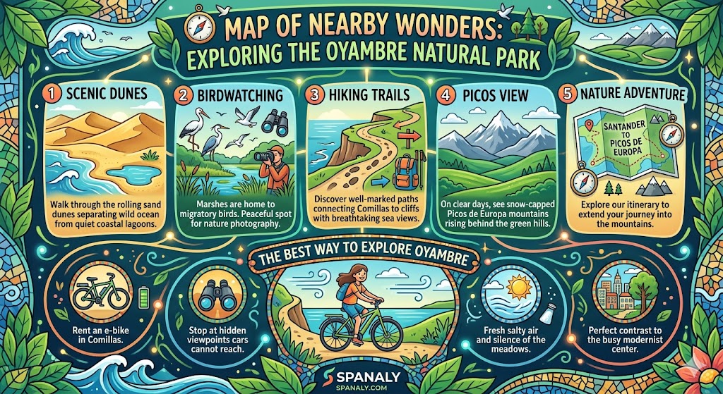 Infographic guide to exploring Oyambre Natural Park from Comillas, featuring scenic dunes, birdwatching, and e-bike routes.