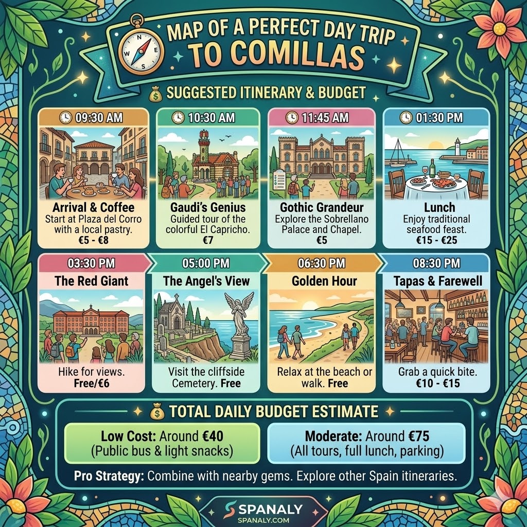 Infographic guide of a perfect day trip itinerary in Comillas including El Capricho, Sobrellano Palace, and coastal walks with budget estimates.