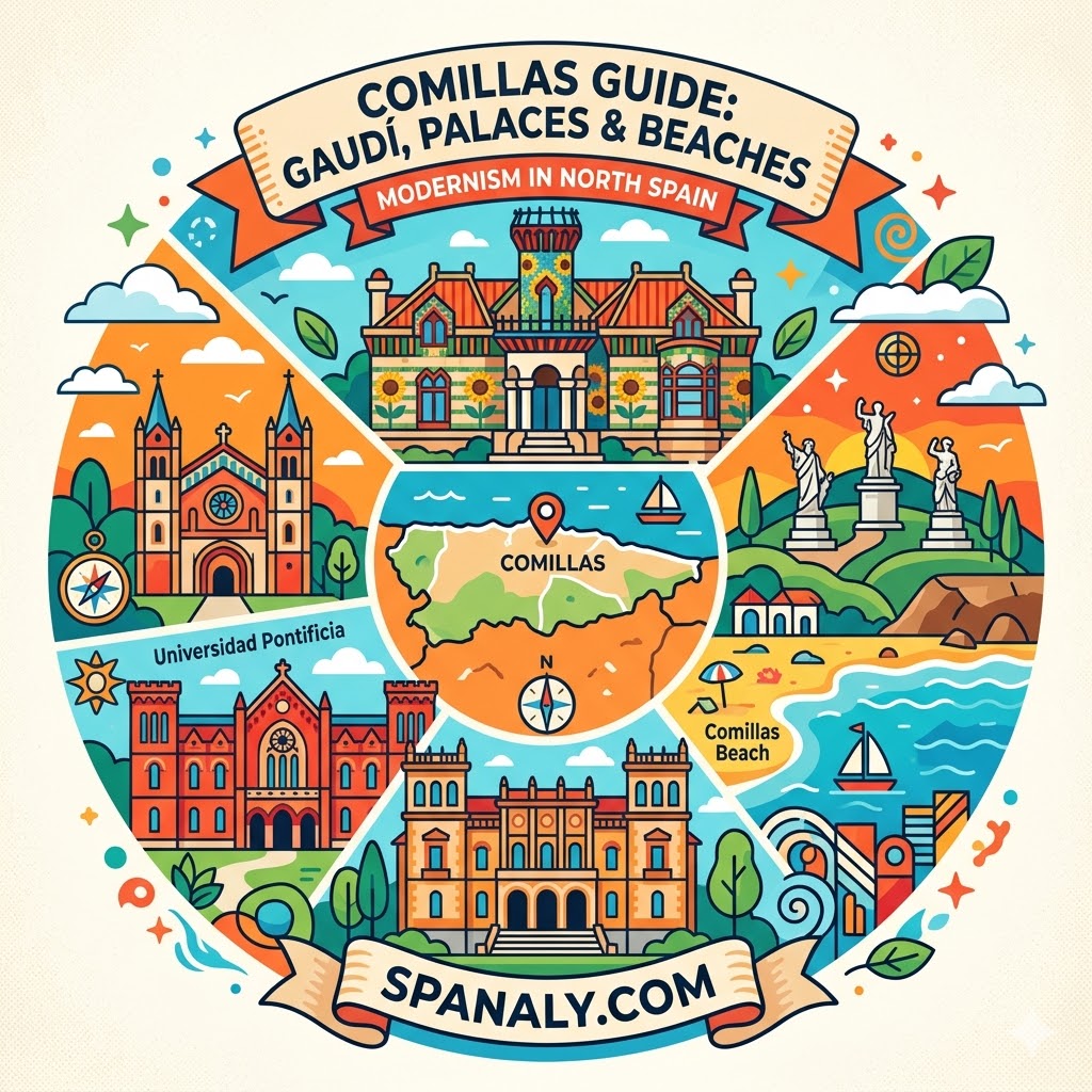 Ultimate Comillas Spain Guide featuring Gaudi's El Capricho, Sobrellano Palace, and Northern Spain coastal landmarks.