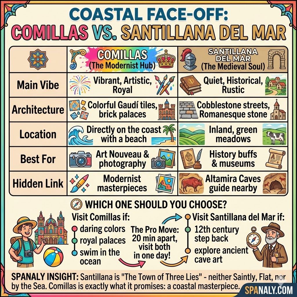 Infographic comparing Comillas and Santillana del Mar in Cantabria, Spain, featuring architecture, location, and travel guide.