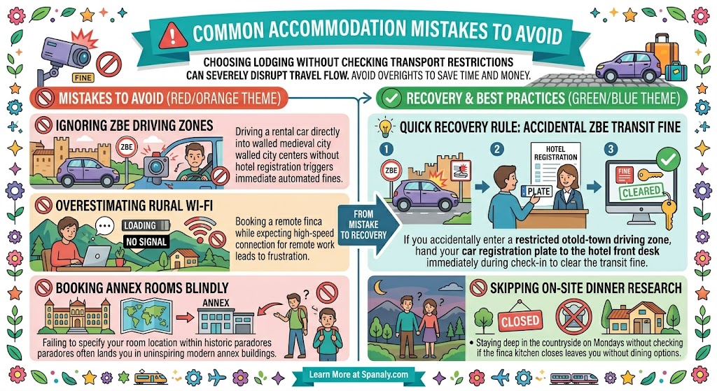 Infographic outlining common accommodation mistakes to avoid in Extremadura, including driving zone fines, rural Wi-Fi issues, and annex rooms, with a recovery guide.